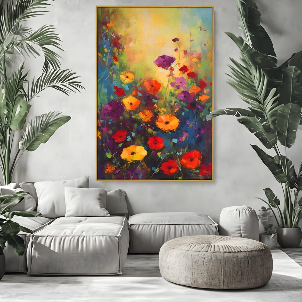 Tablou canvas cu pictura camp cu flori colorate, in rama de aluminiu auriu, pe perete intr-un living